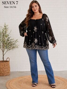 SEVEN 7 women’s  long sleeve embroidered black blouse Size 14/16